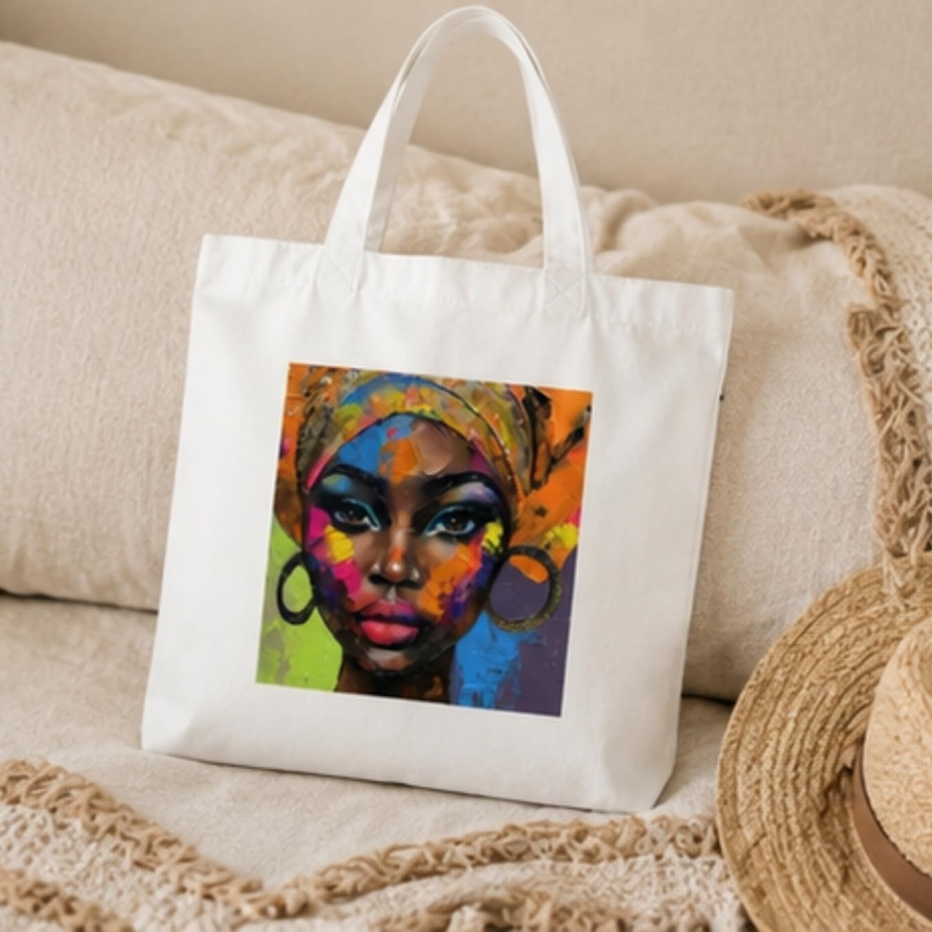 Adorvue Abstract Portrait African Art Printed Tote Bag Stylish Eco-Friendly Cotton Handbags, Canvas Bags for College, Shopping, Office, Travel, Grocery Runs, Beach Day and Casual Outings Pack of 2