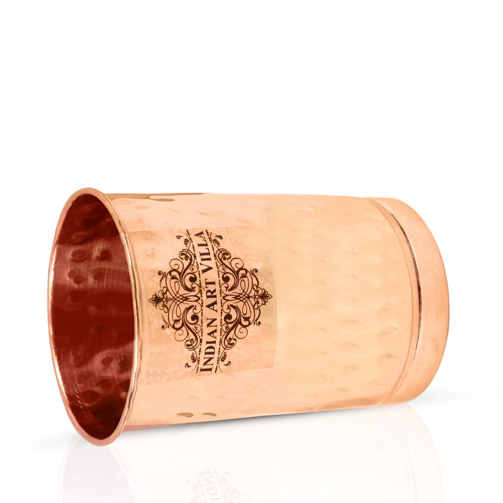 INDIAN ART VILLA Pure Copper Plain Glass with Hammered Design, Drinking Serving Water, Yoga Ayurveda, Volume-300 ml, Pack of 2