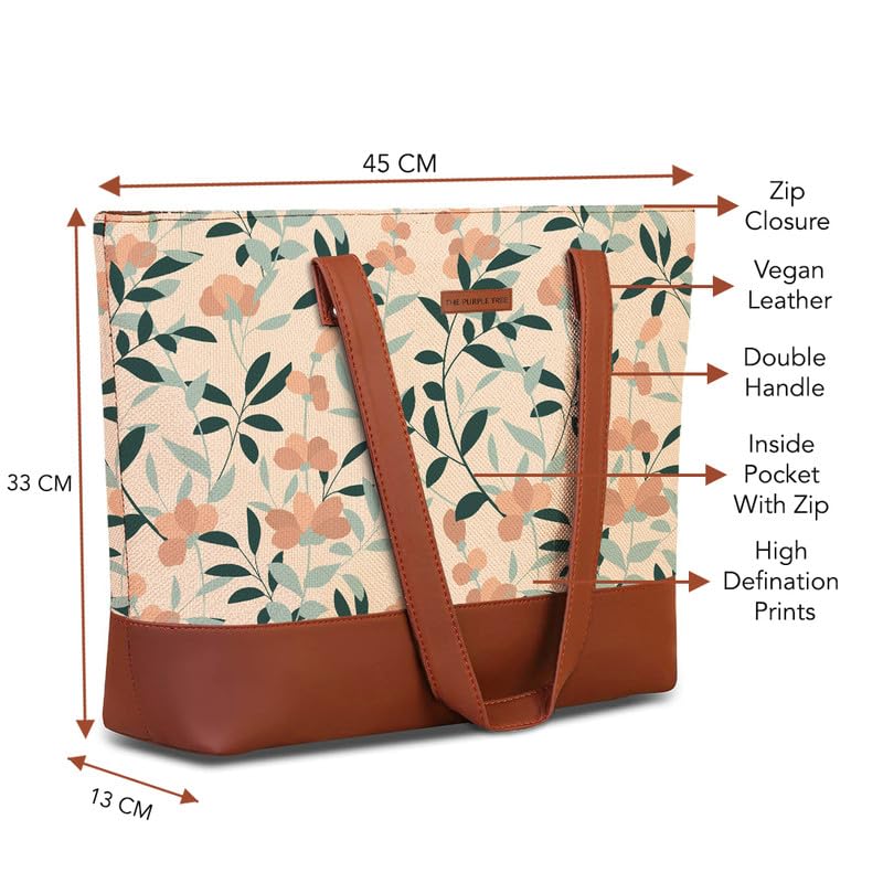 The Purple Tree Women Handcrafted Tote with Vegan Leather Handles & Indian Prints, Leafy Print Shoulder Bag for Office and College, Oversized Contemporary, White