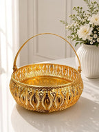 Indie-oida Golden Metal Decorative Tray for Home Decor | Round Serving & Pooja Tray for Candles, Dry Fruits & Gifting