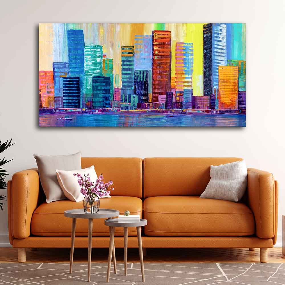 VIBECRAFTS Canvas Paintings for Living Room Drawing Room Colorful City Skyline Canvas Wall Painting Fitted With Wooden Frame For Home | Office | Living Room | Gift (PTVCH_2492)