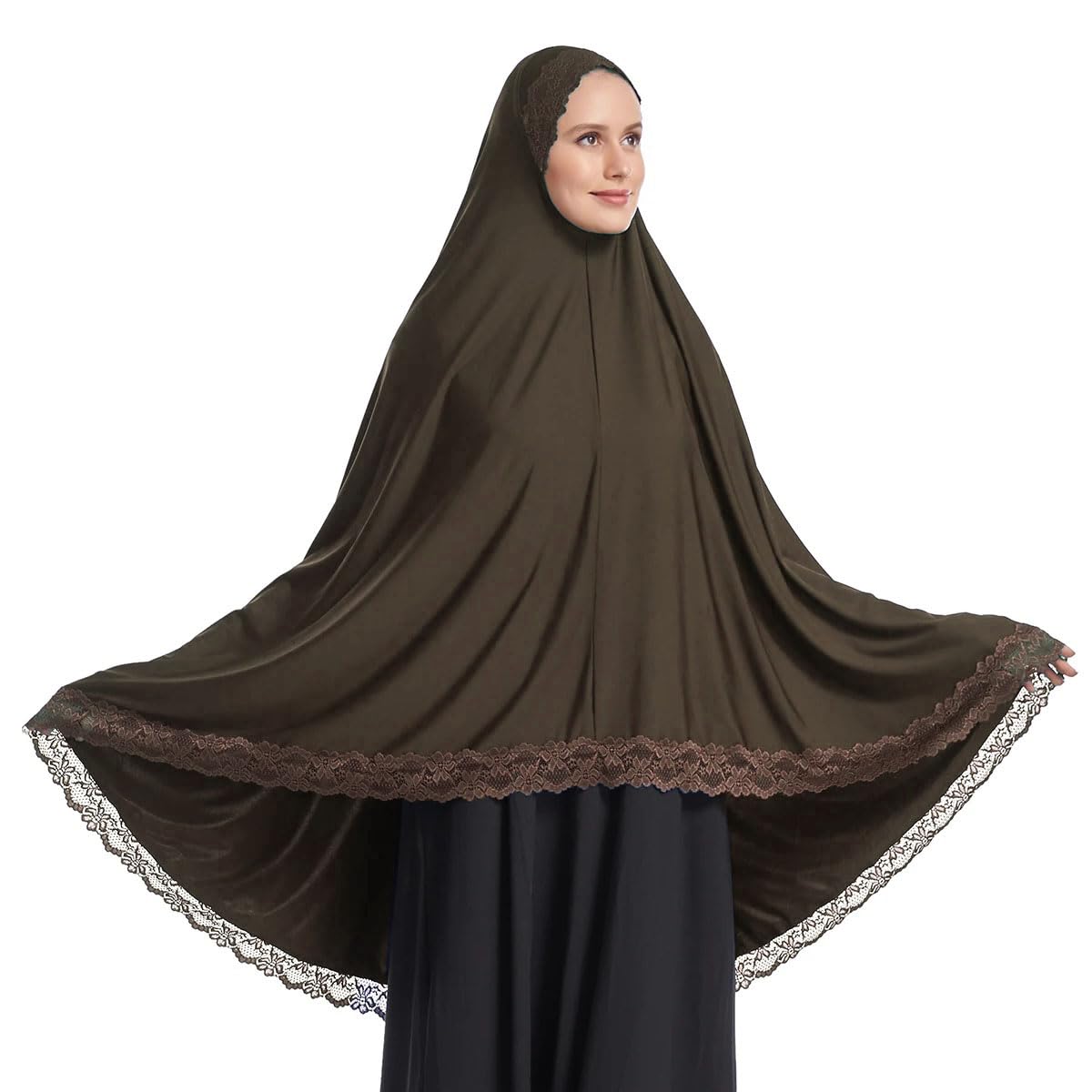 ICW Women Stretchable Jersey Jilbab Cum Prayer Khimar Hijab (Free Size) 42 Inch (Brown), (Female)