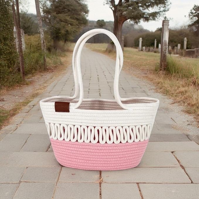 BEAUTIFUL HOMMIES Attractive Hand Bag |large Tote Bag |Summer Bag | Bucket Bag | Basket Bag | Bamboo Tote | Beach Bags for Women|Boho Bag|Handbag |Jute Bag |Handmade Bag (PINK WHITE)