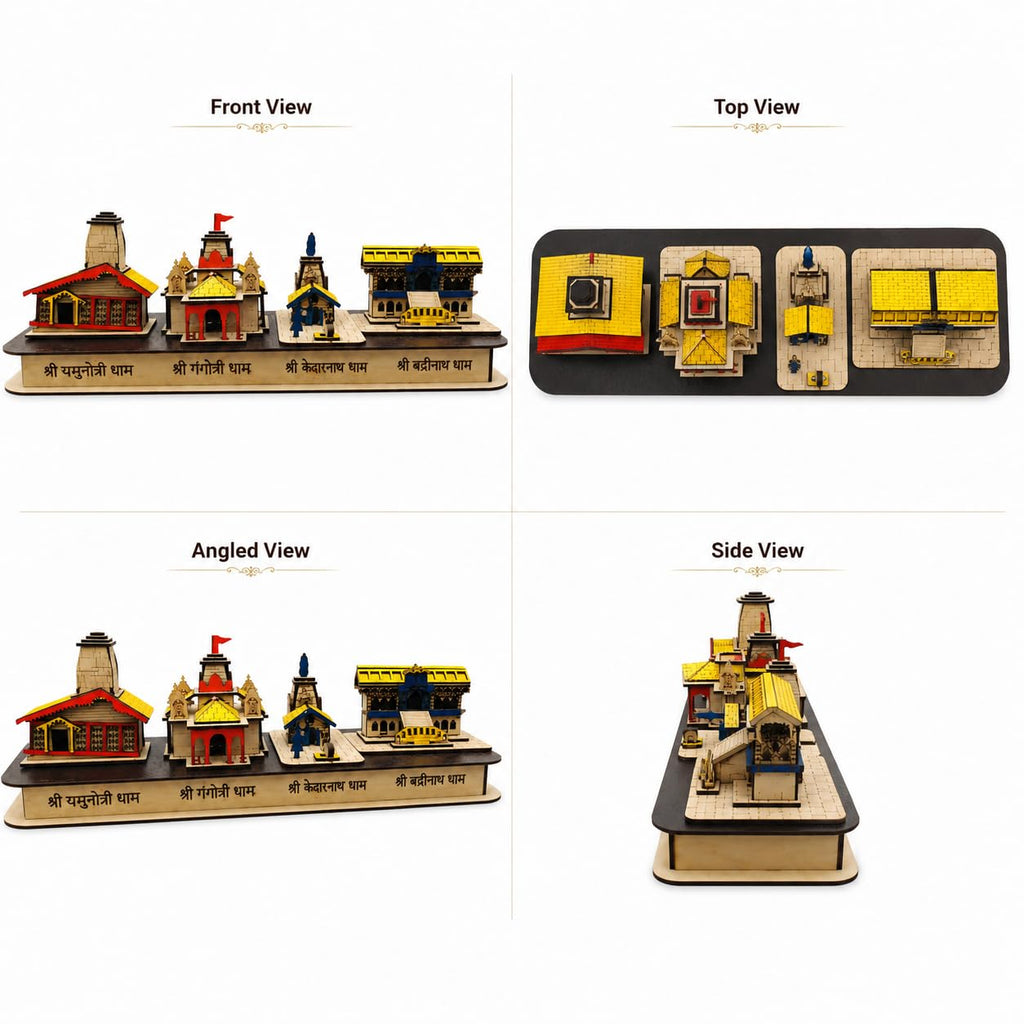 Char Dham Wooden Temple Model Showpiece | Shri Yamunotri, Gangotri, Kedarnath, Badrinath Dham Replica | 12 Inch Spiritual Decor