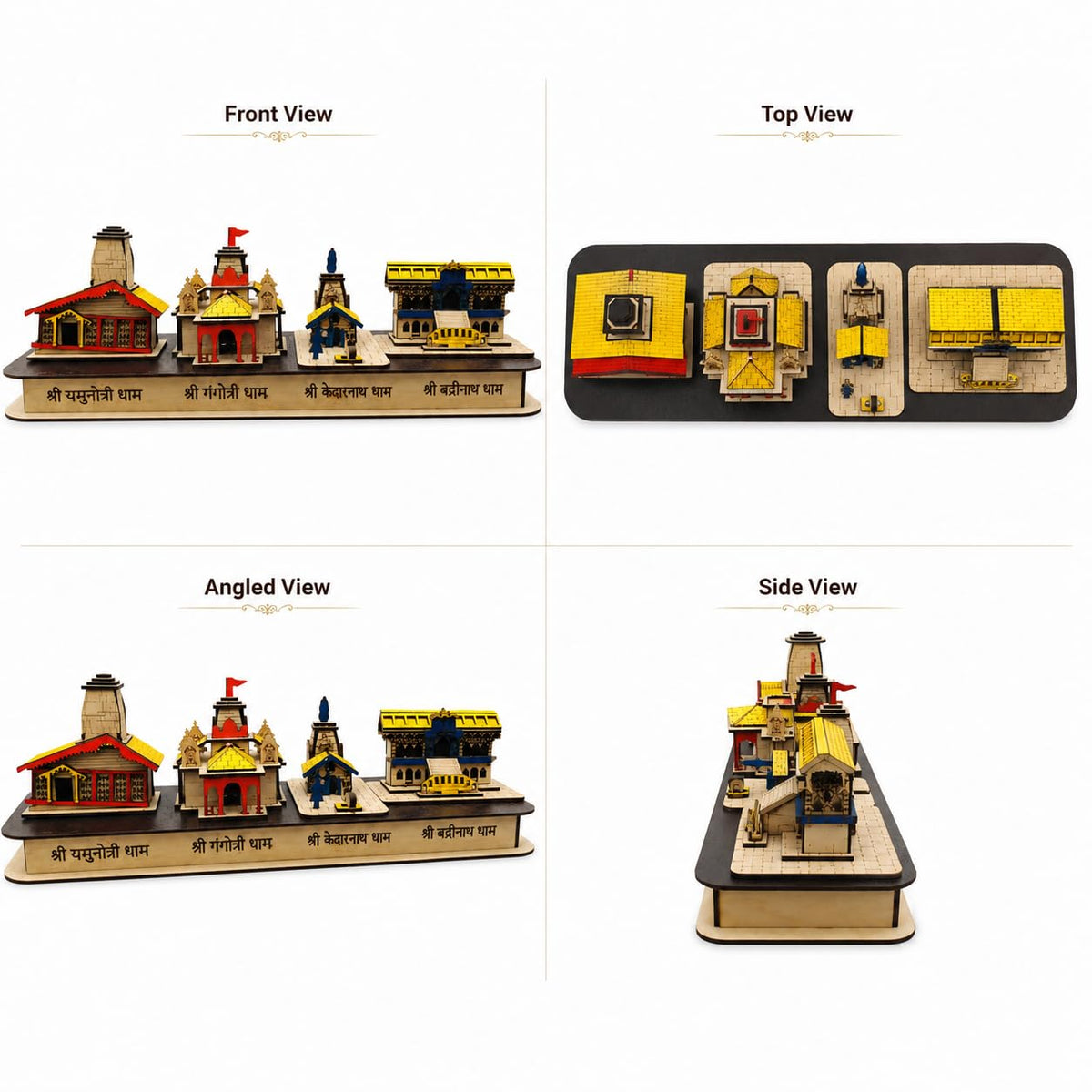 Char Dham Wooden Temple Model Showpiece | Shri Yamunotri, Gangotri, Kedarnath, Badrinath Dham Replica | 12 Inch Spiritual Decor