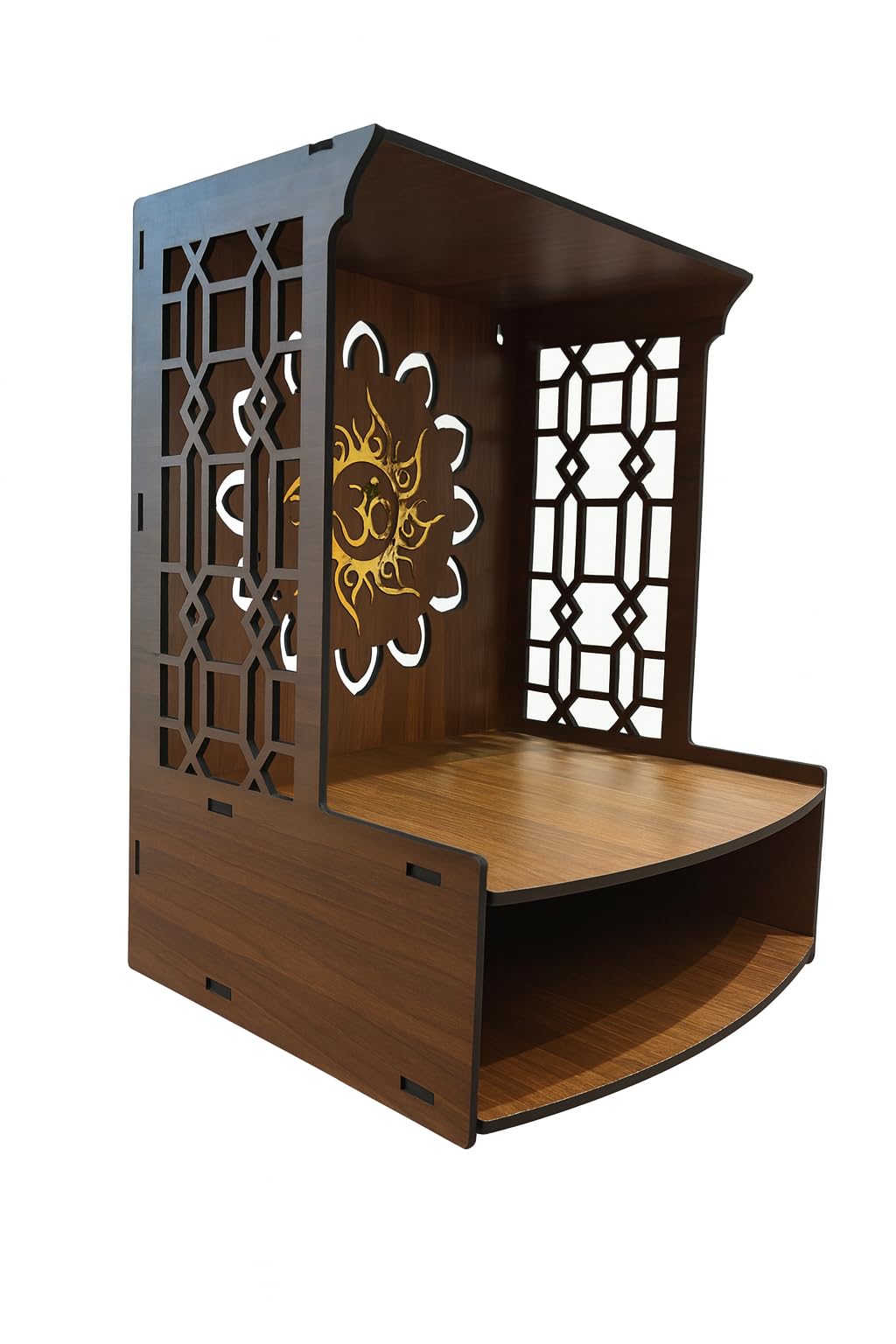 WIZZARTPRINTS Beautiful Wooden Pooja Stand for Home Mandir with LED Spot Light | Wall Mounted Temple for Home and Office | Compact Wooden Puja Mandir Desing 1
