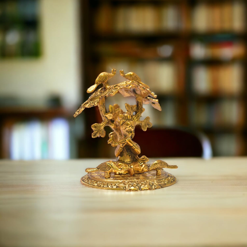 KridayKraft Shri Krishna Sitting Under Tree Laddu Gopal with Playing Flute Metal Statue Showpiece Figurines,Religious Idol Gift Article.