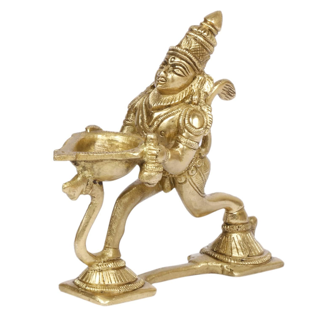Svarup 4.5 Inch Gold Color Brass Hanuman Ji Aarti Deepak with Handle: Can be Used as Camphor Burner and Hand Held Arti Diya for Puja.