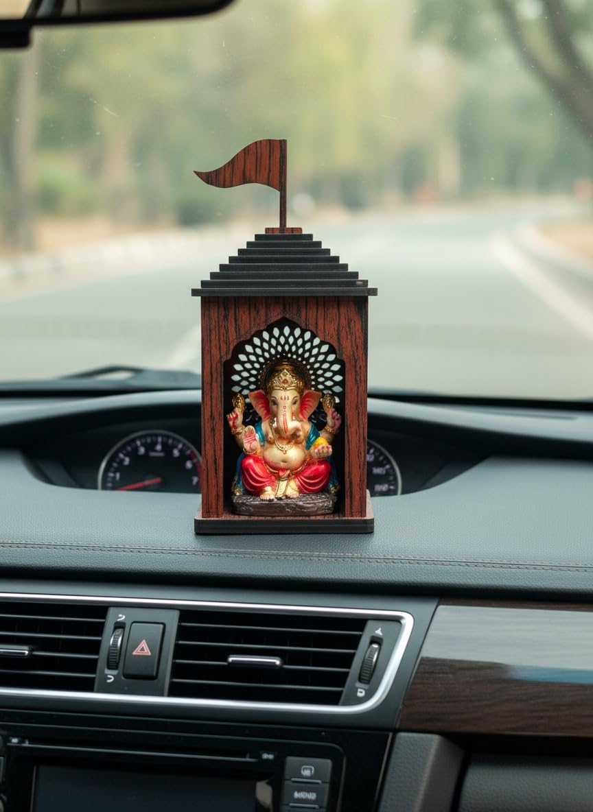 thinkit Wooden Car Dashboard Temple, for Car/Truck/Bus Dashboard, Mini Temple for Office Desk/Study Table and Small Spaces, Ideal for Gifting/Car Accessories - Brown, 1 Pcs
