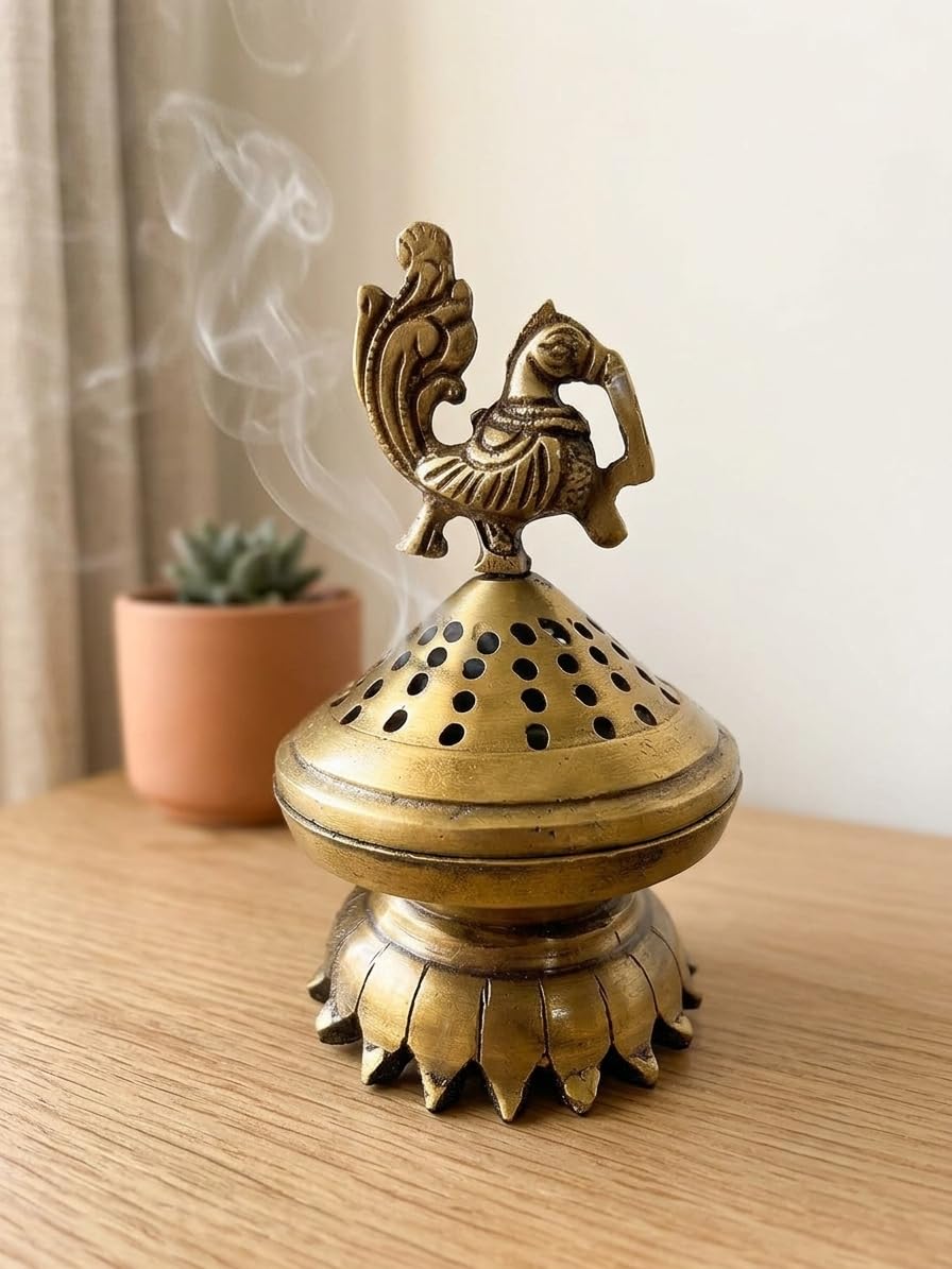 Kridaykraft Traditional Brass Dhoopdani for Pooja, Decorative Incense Burner with Peacock Design for Home Fragrance and Meditation