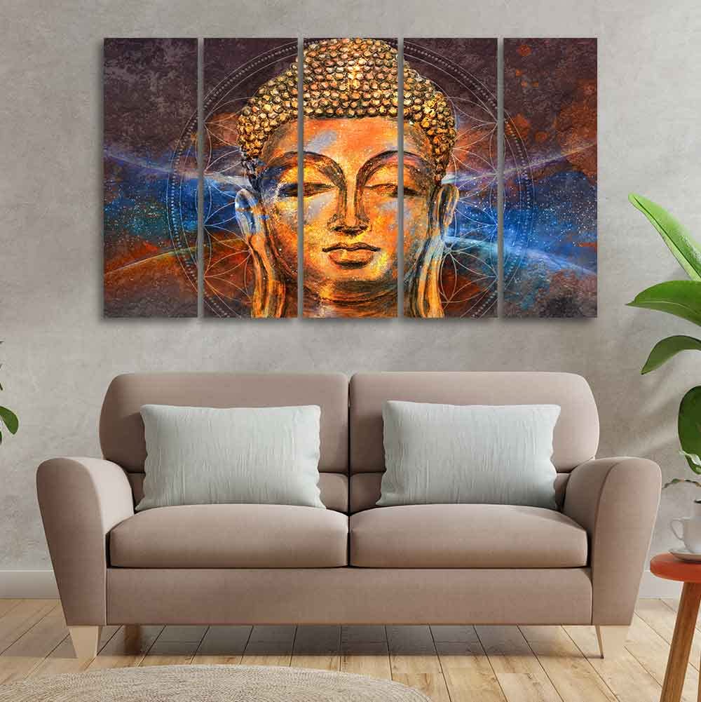 VIBECRAFTS Gautam Buddha Head Wall Painting of Five Pieces For Home|Office|Living Room|Gift (PTVC5Pcs4_8635)