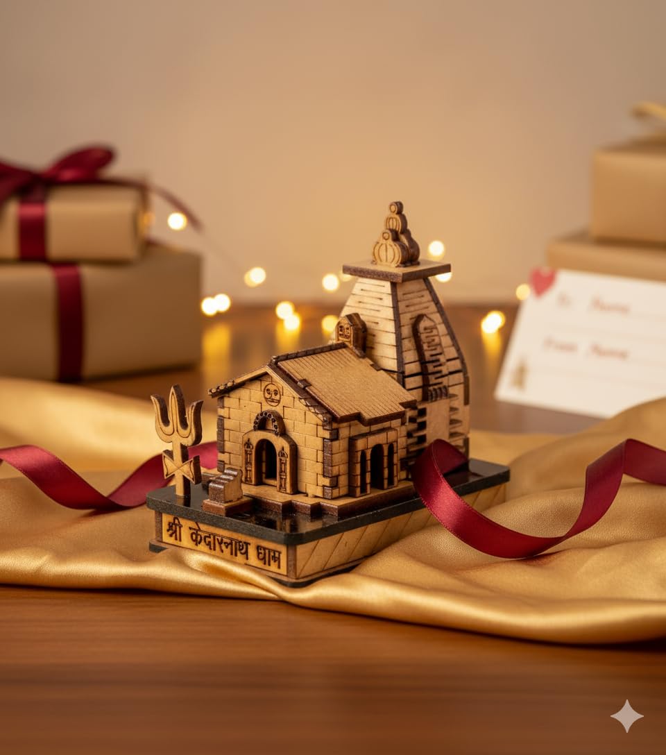 Poveria Wooden Kedarnath Temple Model | Shri Kedarnath Dham Miniature Temple with Trishul | Laser-Cut Wooden Mandir Showpiece for Home, Office Decor & Gift Purpose | Spiritual Desk Decor Idol