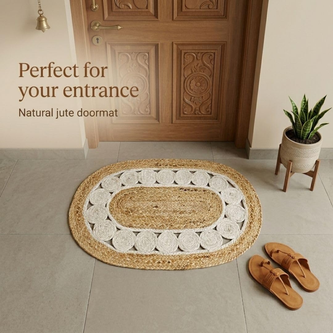 ATRANGI STUDIO Oval Jute Mat | Handwoven Braided Design Mat | Circular Floor Rug for Living Room, Bedroom, Reading Corner | Boho Home Decor | 30x18 inch, White