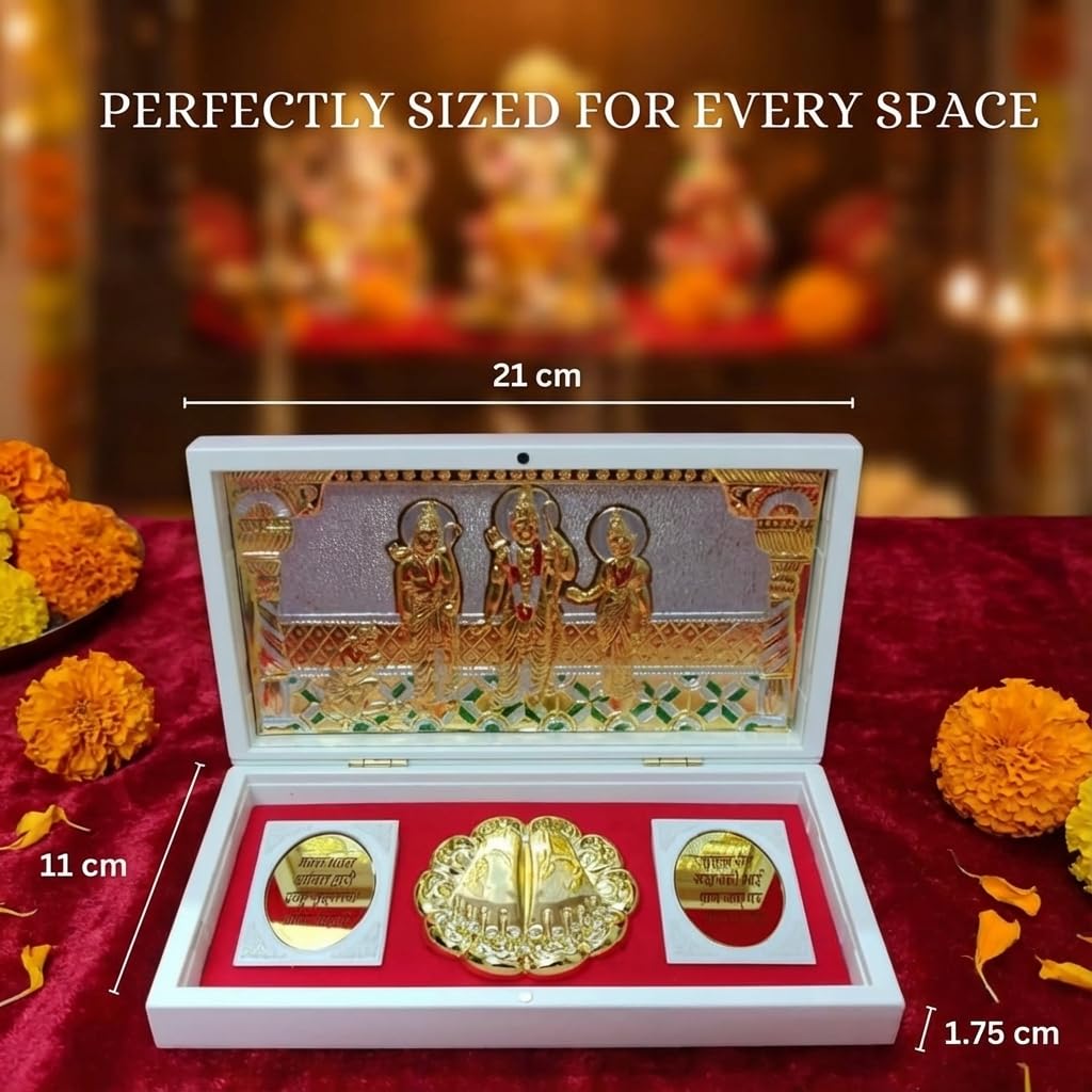 House Of Wemy Gold Plated Ram Darbar Pocket Temple for Wedding/Marriage Gift | Sri Ram, Lakshman, Sita & Hanuman Divine Prayer Boxes with Photo Frame & Charan Paduka (White - 21.3 cm)- Pack of 1