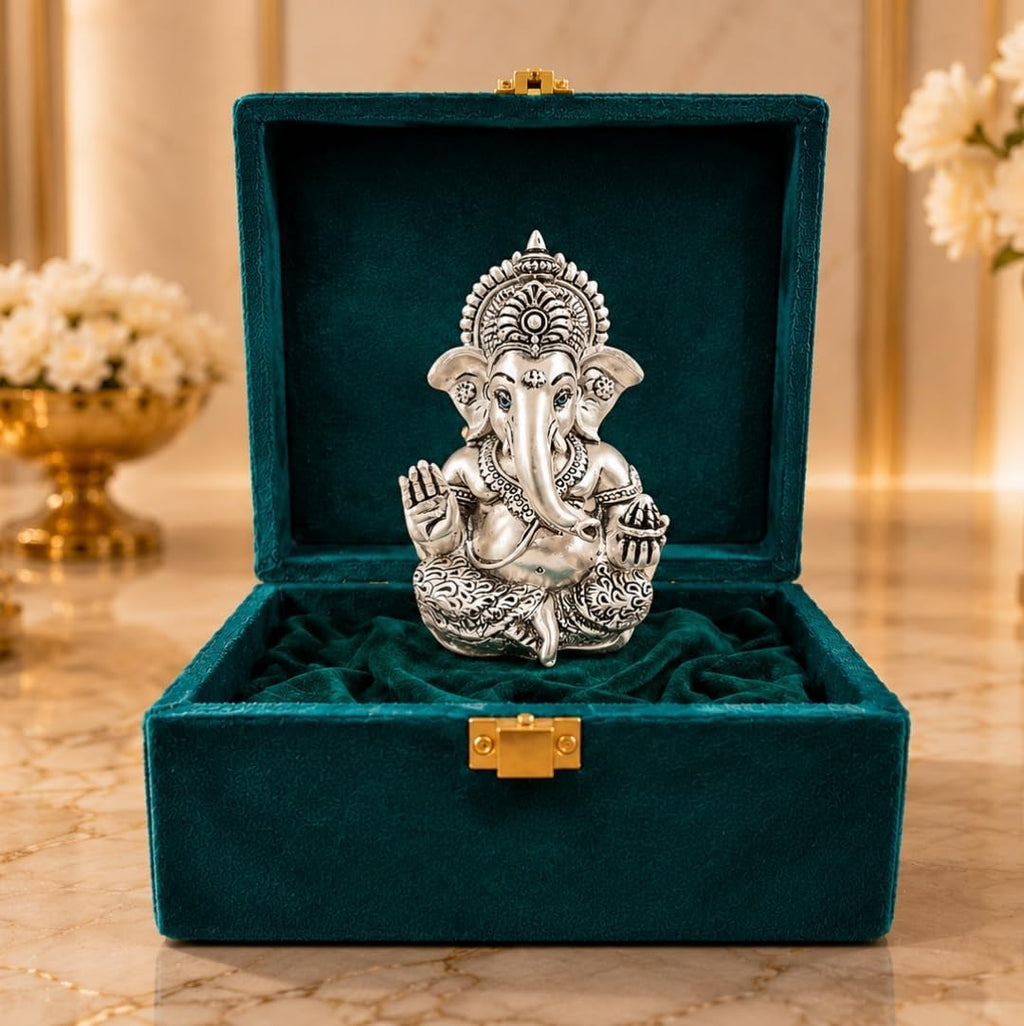 Gold Art India Lord Ganesha 999 Silver Plated Idol | Antique Matte Finish | Premium Velvet Gift Box | Ganesh Murti for Car Dashboard, Home Temple, Office Desk | Luxury Spiritual Gift for Housewarming