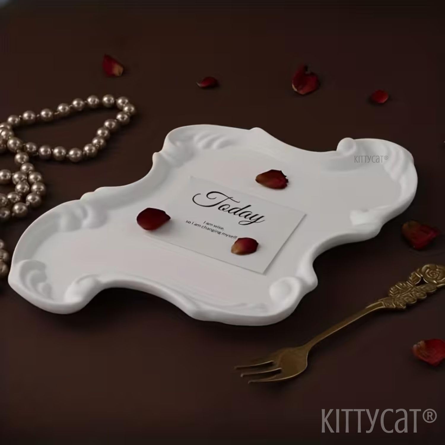 Kitty Cat® Aesthetic Baroque Concreate Trinket Tray for Jewelry & Candles – Vintage Decorative Vanity Tray for Rings, Keys, Perfume | Elegant Home Décor Accent for Bedroom, Bathroom & Hotel Styling