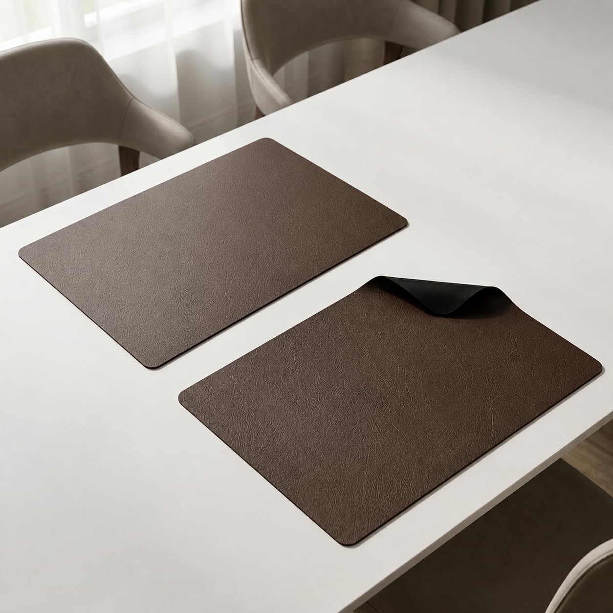The Table Tales Premium Double-Sided PU Leather Placemat Set of 2 | Reversible Waterproof Heat Resistant Table Mats | Kitchen Dining Accessories | 45 x 30 cm (Charcoal Brown & Black) Kafalo