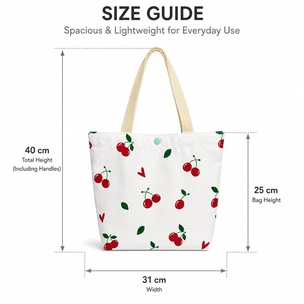 BROGBUS Cherry Print Canvas Tote Bag for Women, Cute Cotton Shoulder Handbag with Magnetic Button Closure, Reusable Shopping Bag for College, Office, Travel & Daily Use (31 x 25 cm, White)