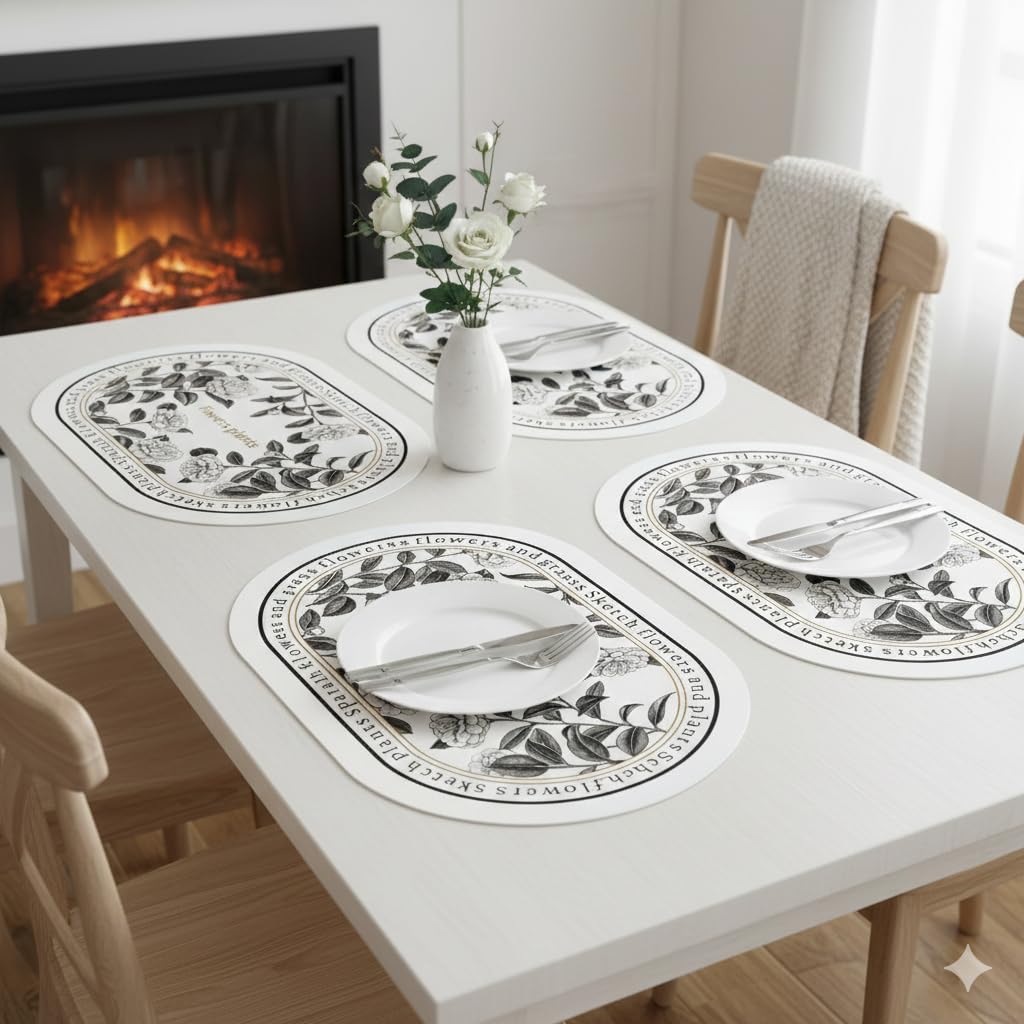 TheTableTales Placemats Pack of 4, Premium Waterproof Heat Resistant Dining Table Mats | Washable PU Leather Mats for Dinner | Non Slip Pad for Home Kitchen Restaurant (45 x 30cm, Classic Camellia) Kafalo