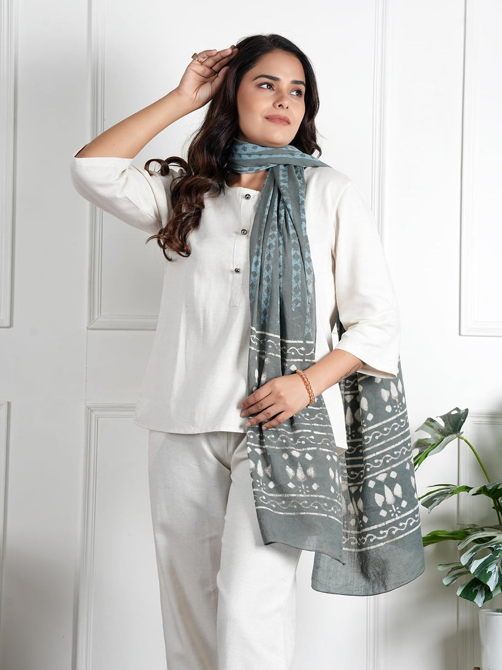 RAI SAHAB Printed Cotton Scarf for Women, Lightweight Soft Scarves Stoles for Summer & Winter(ST-98GREY10)