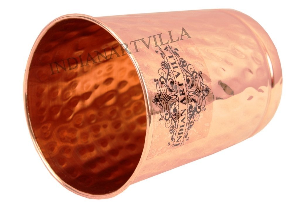 INDIAN ART VILLA Pure Copper Plain Glass with Hammered Design, Drinking Serving Water, Yoga Ayurveda, Volume-300 ml