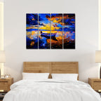 VIBECRAFTS Boat In Sunset Background 4 Pieces Canvas Wall Painting Fitted With Wooden Frame For Home | Office | Living Room | Gifts (PTVC4Pcs1_13502)