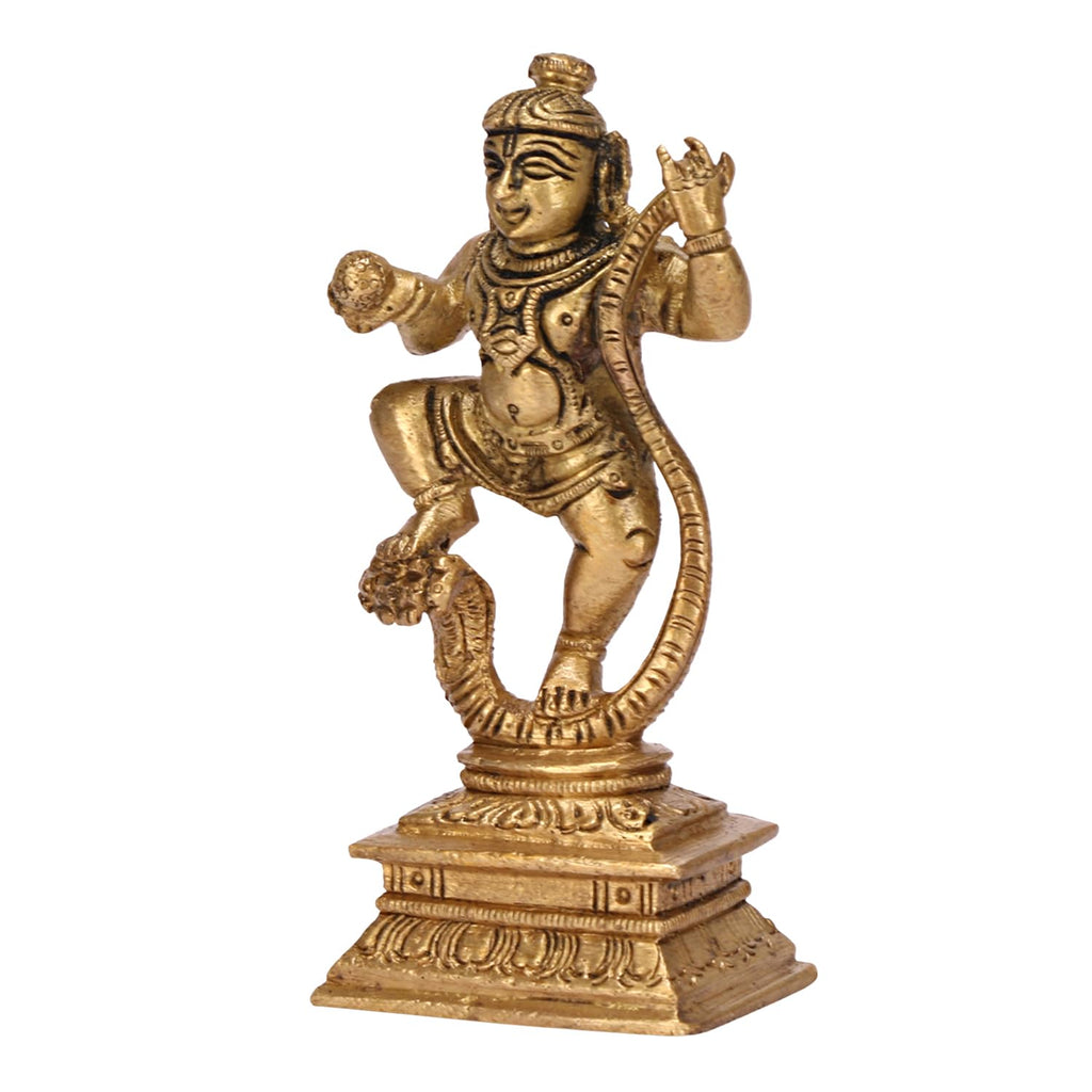 ARTVARKO Brass Krishna on Kaliya Naag Murti Puja Decor Gift (Gold Color Small 5x4x11cm)