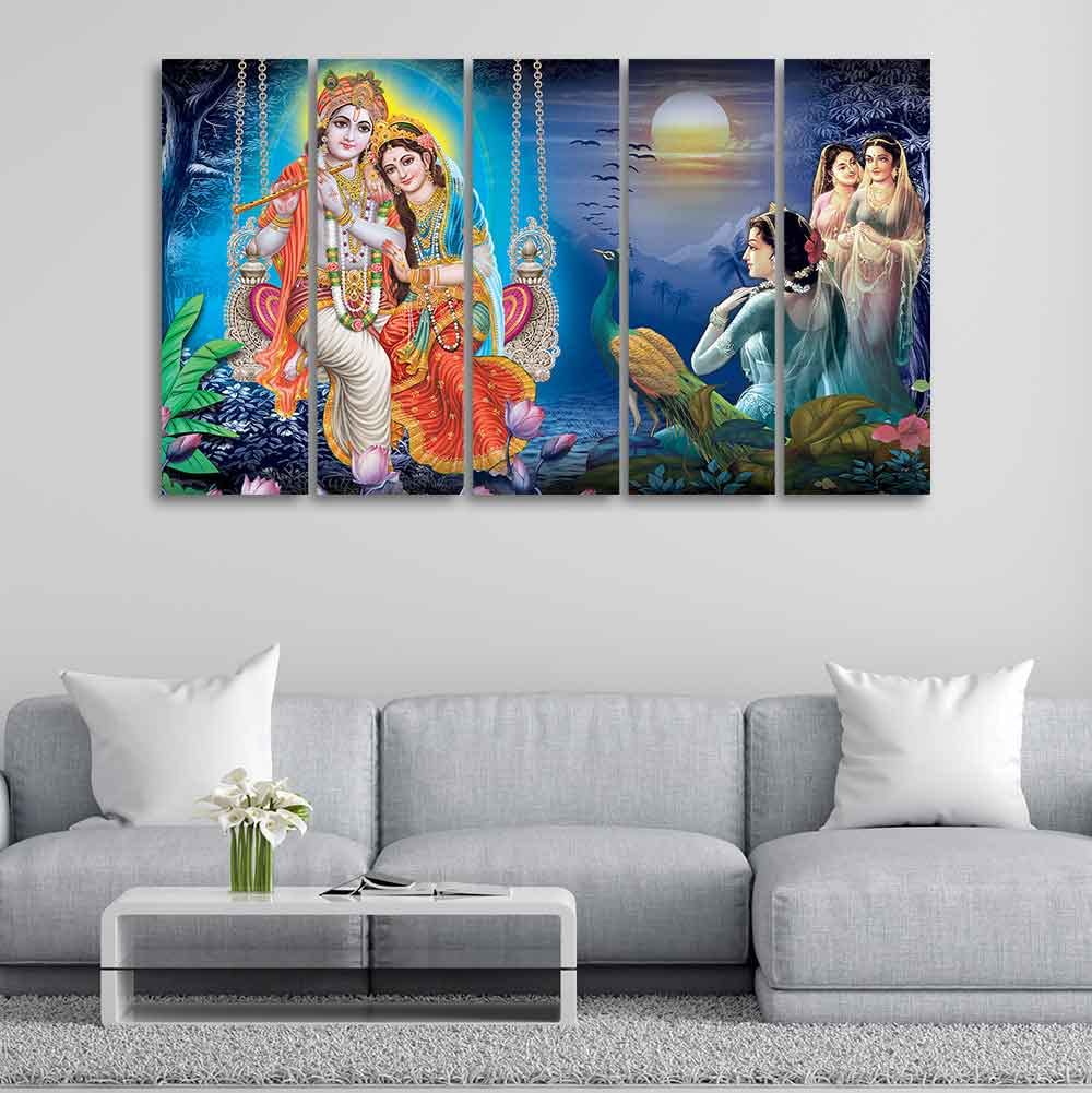 VIBECRAFTS Beautiful Radha Krishna Canvas Wall Painting of Five Pieces For Home|Office|Living Room|Gift (PTVC5Pcs4_8725)