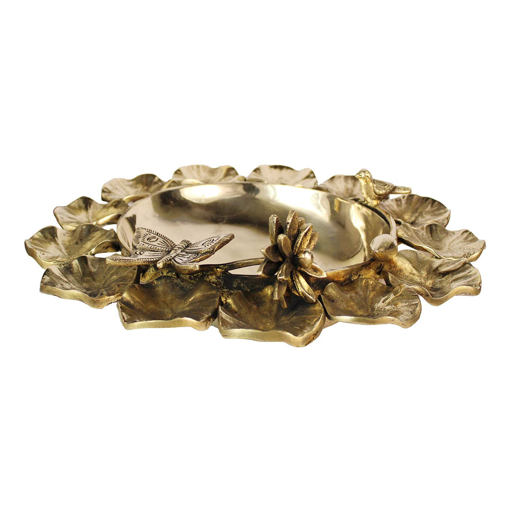 Artvarko Big Brass Ethnic Carved Flower Bird Butterfly Urli Bowl Tea Light Candles Showpiece for Floating Flowers 15 Inch