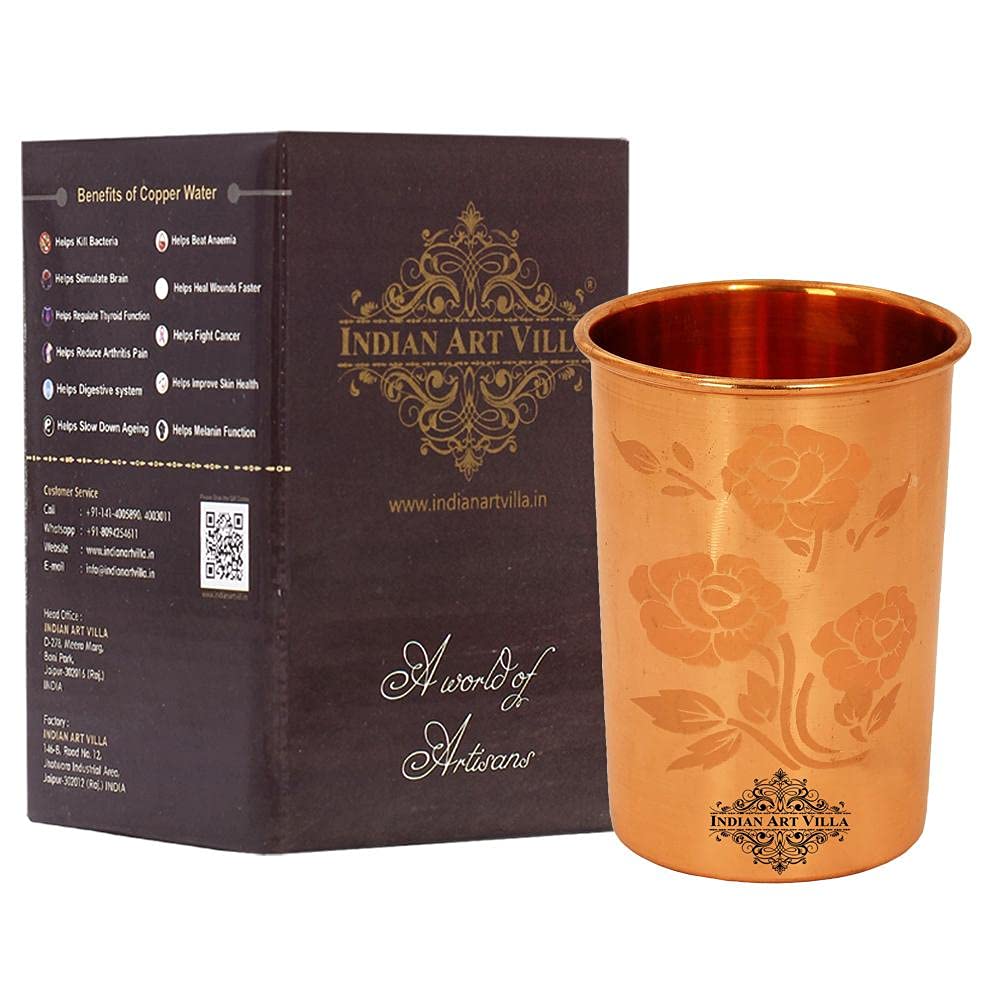INDIAN ART VILLA Pure Copper Plain Glass with Magical Floral Design, Drinking Serving Water, Yoga Ayurveda, Volume-300 ml, Pack of 4