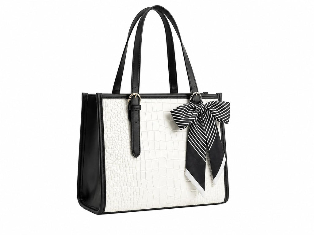 Pavilonn Women Handbag PU Leather Tote Purse Stylish Shoulder Office Bag Black Structured Croco Pattern Ladies Fashion Shopping Handbag Daily Use College Gift (BLACK AND WHITE)
