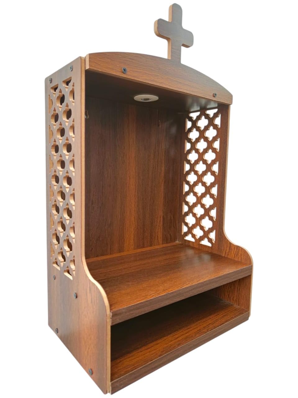 Wooden Home Temple with Cross, Wall Mounted Prayer Shrine with LED Light, Decorative Lattice Design, Wall Haniging Church for Home, Rich Brown