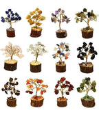 Fastel® Handcrafted Authentic Gemstone Tree Set of 12 Mini Natural Multi Crystal Tree for Reiki Healing Good Luck, Home Office Decor Gift with Golden Wire and 15 Beads Size (Small Size)