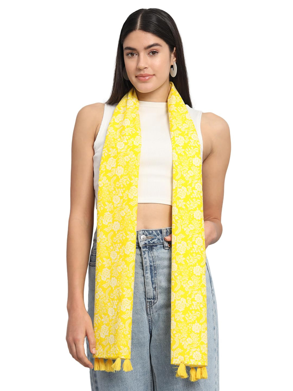 Ravaiyaa - Attitude is everything Women Yellow & White Hand Block Floral Printed Cotton Tasseled Scarf 71 X 21 Inch