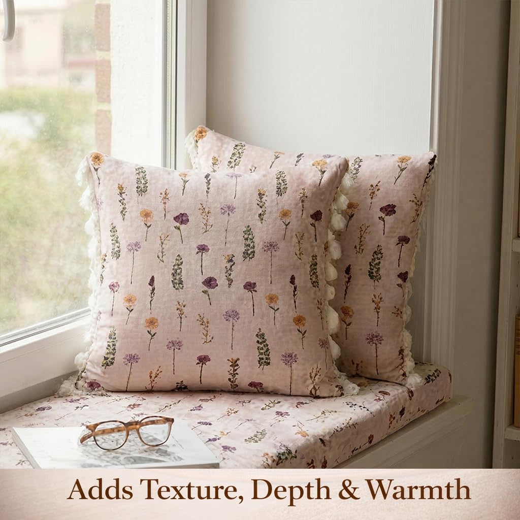 STITCHNEST 'Little Meadow Series' Tassled Cushion Cover | Set of 2 | Floral Cushion Cover 24 inch x 24 inch