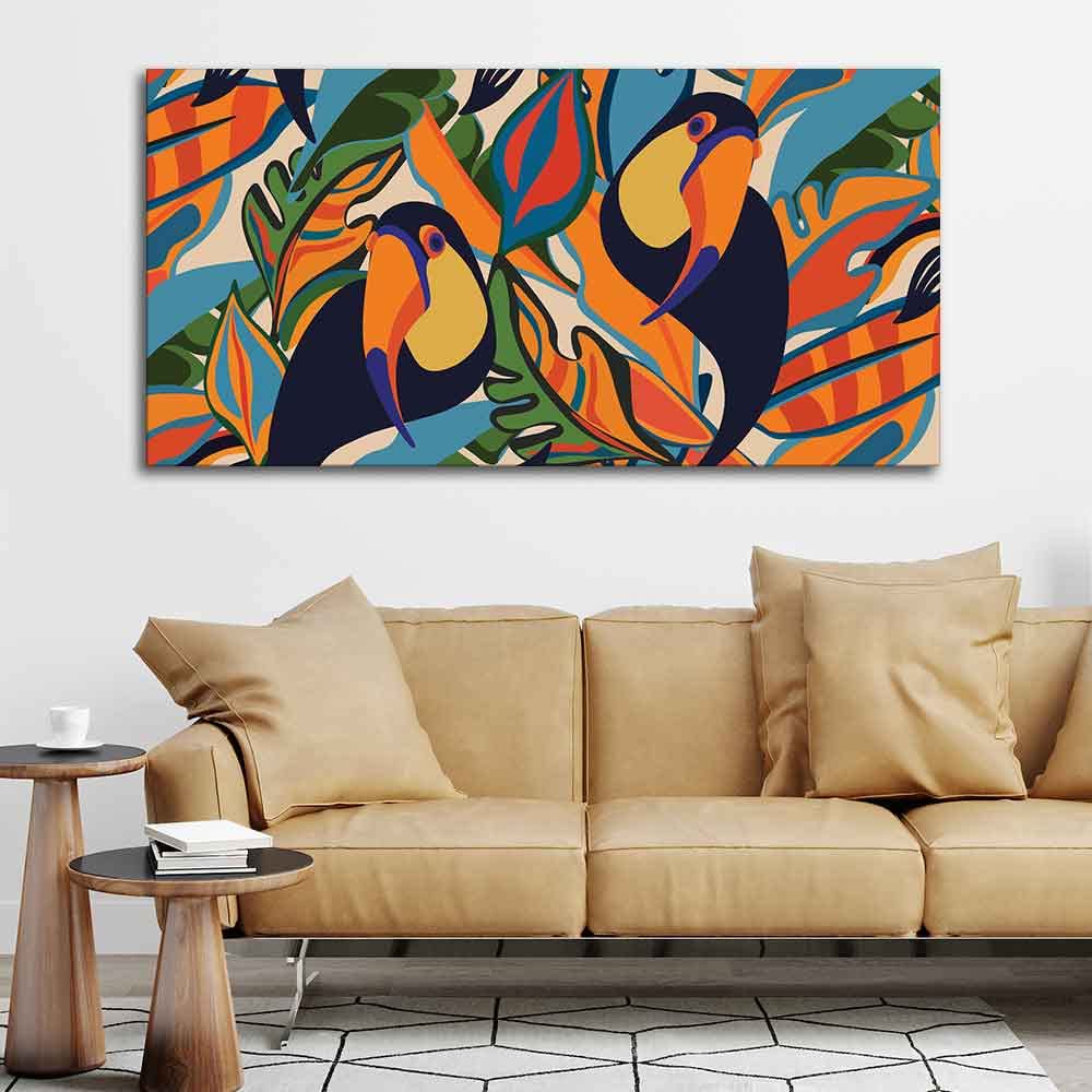 VIBECRAFTS Canvas Paintings for Living Room Drawing Room Toucans Art Canvas Wall Painting Fitted With Wooden Frame For Home | Office | Living Room | Gifts (PTVCH_2546)(48 x 24 Inches)