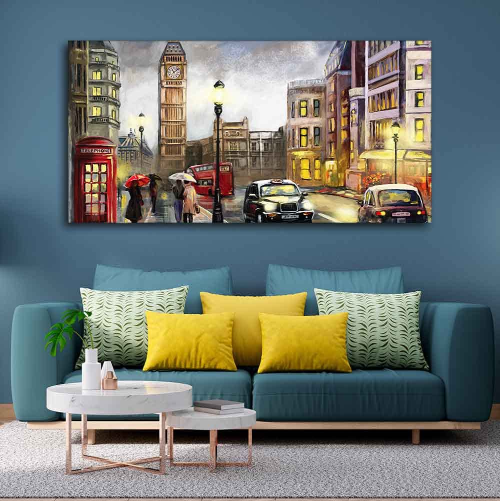 VIBECRAFTS Canvas Paintings for Living Room Drawing Room Street view of London Premium Wall Painting Fitted with Wooden Frame for Home|Office|Gift(PTVCH_2264)(48 x 24 Inches)
