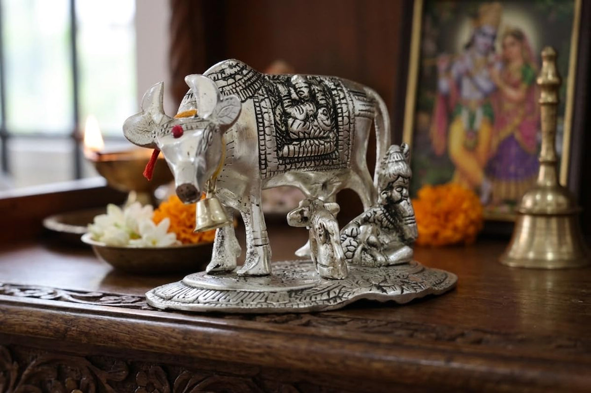 KridayKraft Kamdhenu Cow and Calf with Krishna Idol, Silver-Plated Decorative Showpiece for Home Decor and Gift, 14 x 11 cm X 10 cm, 350 g