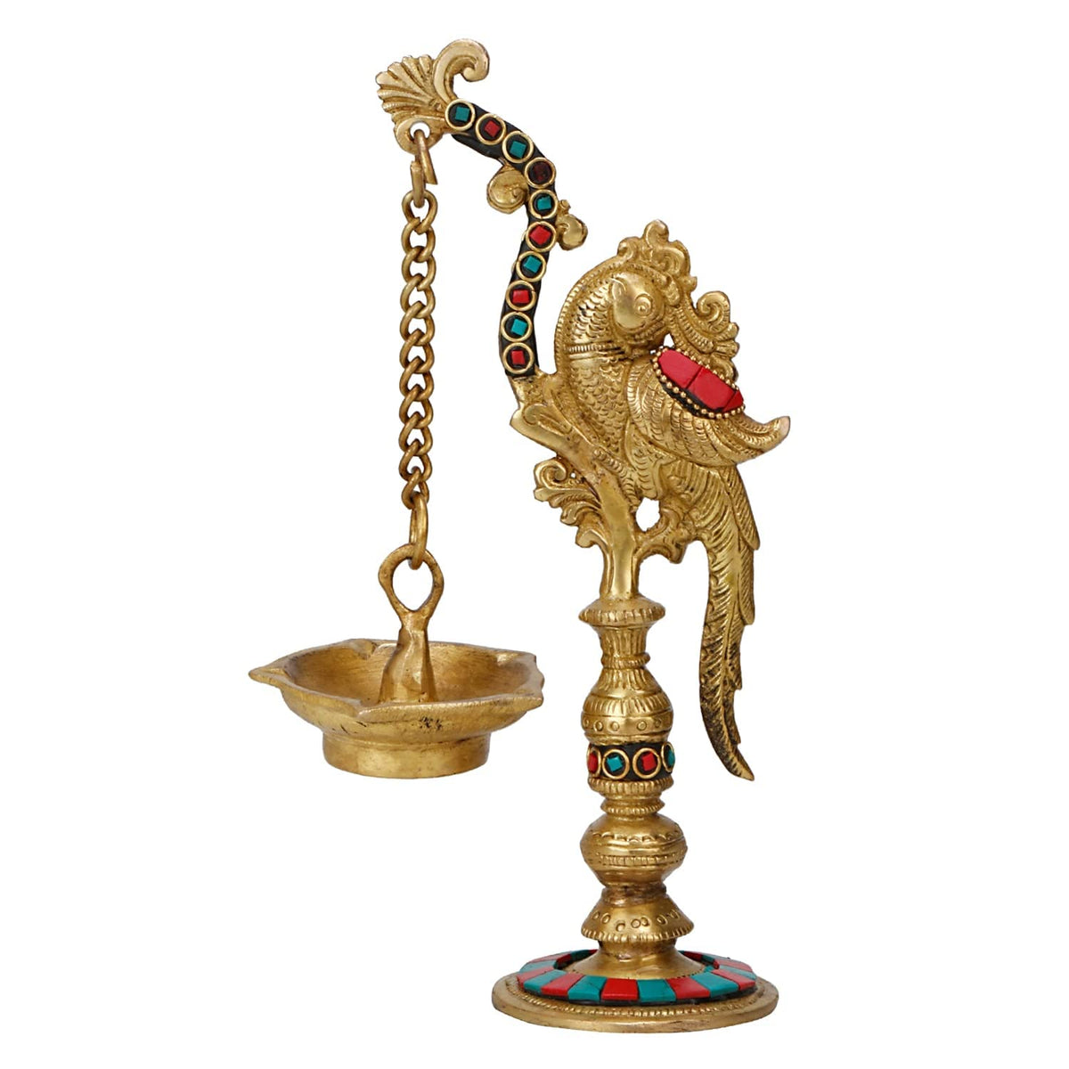 Svarup 9 Inch Small Multicolor Brass Parrot Long Chain Oil Lamp Diya: Ideal for Home Temple, Camphor/Kapur Burning, and Tabletop Puja