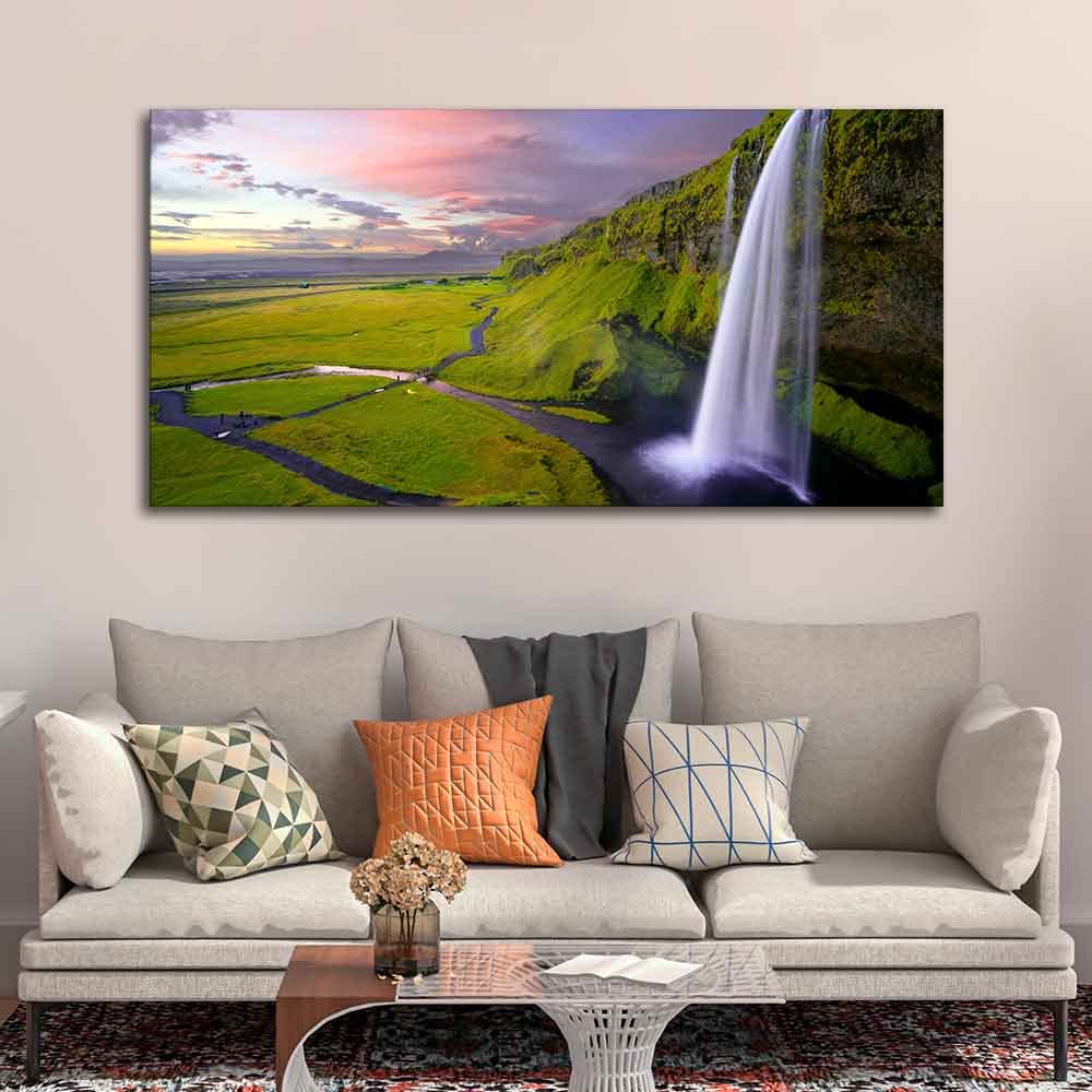 VIBECRAFTS Canvas Paintings for Living Room Drawing Room Panoramic Canvas Wall Painting of Unreal view of Waterfall at Sunset for Home|Office|Gift(PTVCH_2363NV)