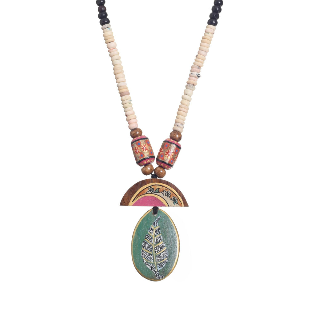 AAKRITI ART CREATIONS Saffron Reverie Handcrafted Ethnic Necklace for Women | Hand-Painted Pendant with Beads | Boho Pendant Necklace for Women | Handmade Jewellery Gift