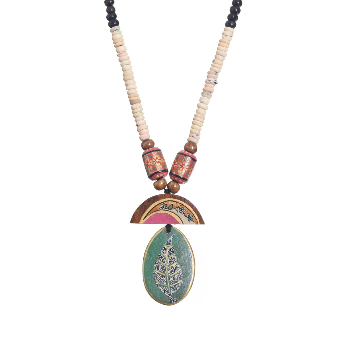 AAKRITI ART CREATIONS Saffron Reverie Handcrafted Ethnic Necklace for Women | Hand-Painted Pendant with Beads | Boho Pendant Necklace for Women | Handmade Jewellery Gift