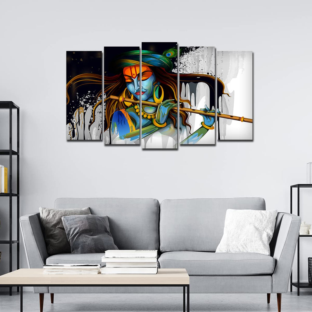 VIBECRAFTS Beautiful Krishna Playing Flute 5 Pieces Canvas Wall Painting For Home|Office|Living Room|Gift (PTVC5Pcs2_6506)