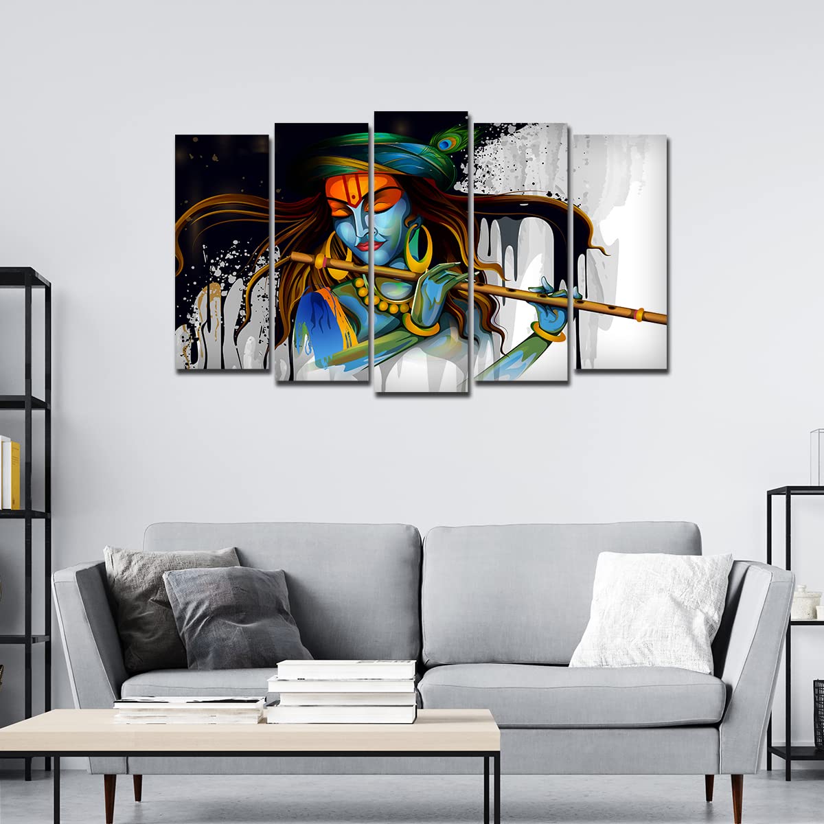 VIBECRAFTS Beautiful Krishna Playing Flute 5 Pieces Canvas Wall Painting For Home|Office|Living Room|Gift (PTVC5Pcs2_6506)