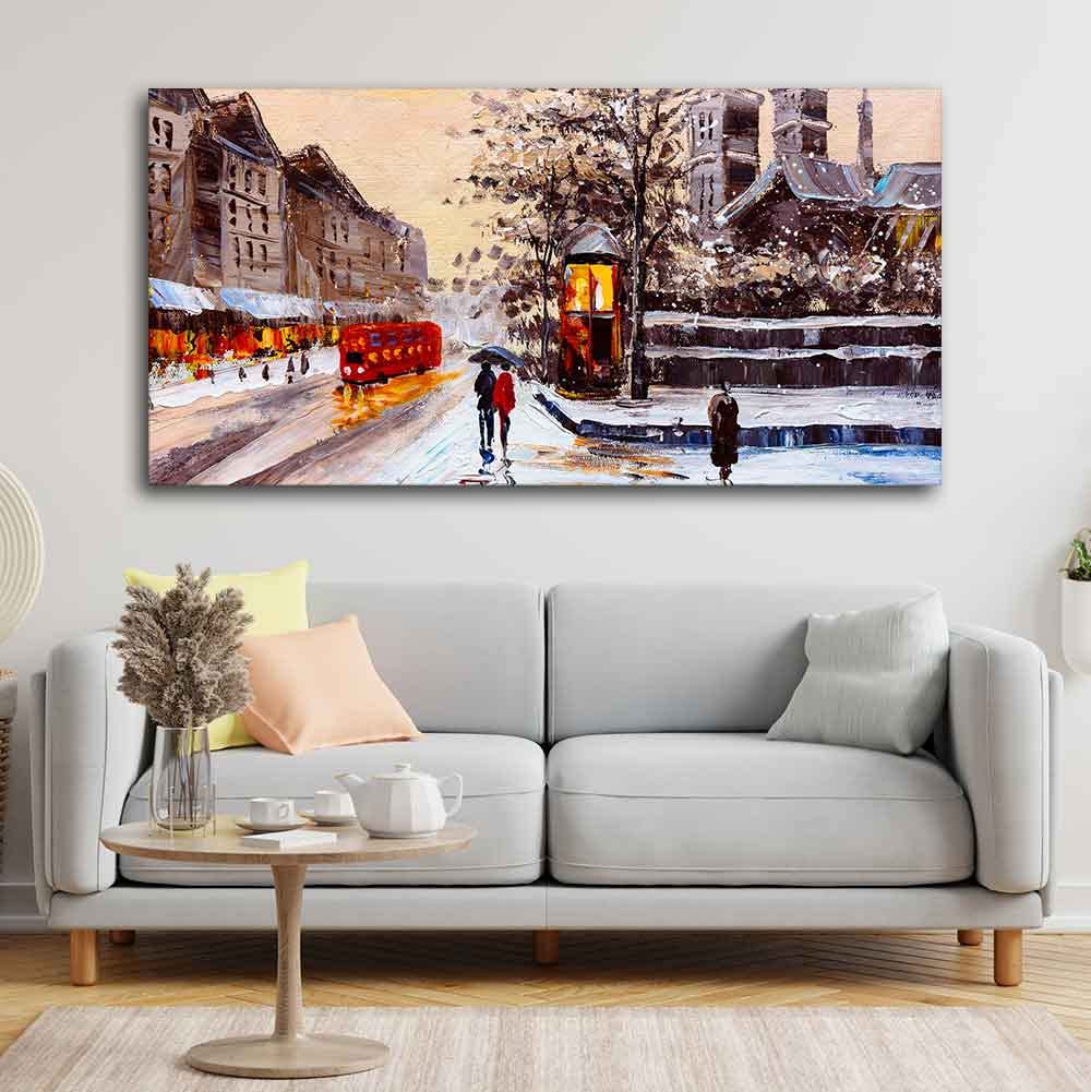 VIBECRAFTS Canvas Paintings for Living Room Drawing Wall Painting of Street view London with Snowfall Background Fitted Wooden Frame For Home | Office | Gift (PTVCH_2267N) (48 x 24 Inches)