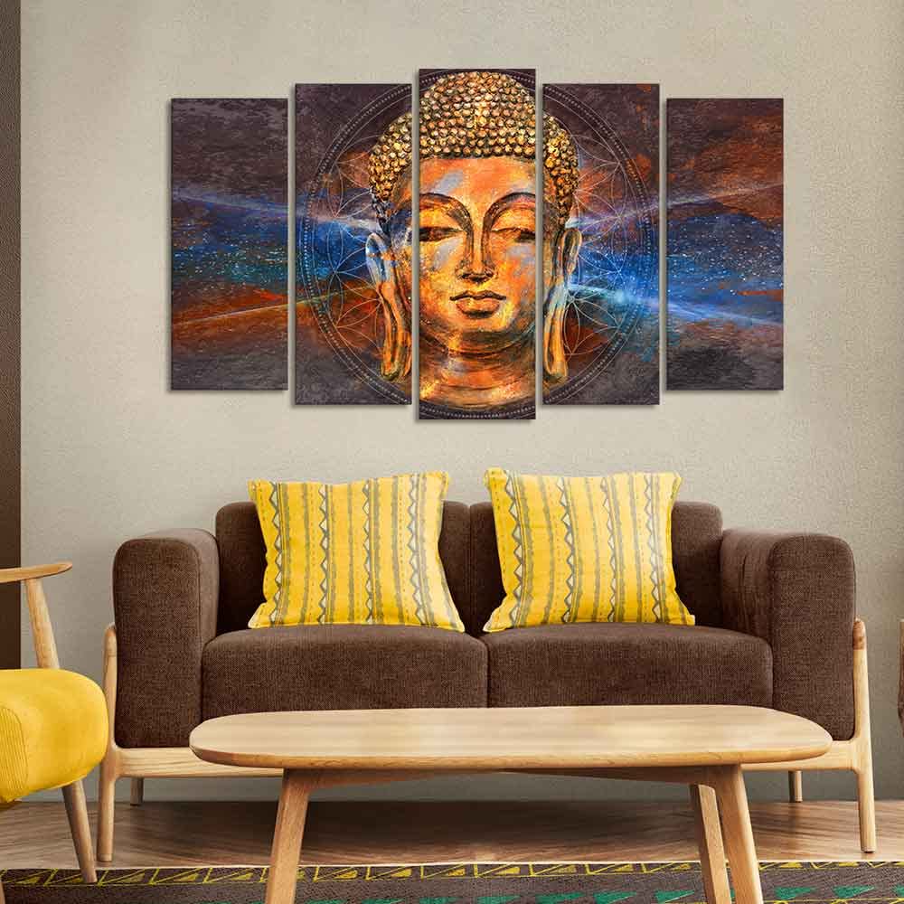 VIBECRAFTS Gautam Buddha Head Canvas Wall Painting Set of Five For Home|Office|Living Room|Gift (PTVC5Pcs2_6529)