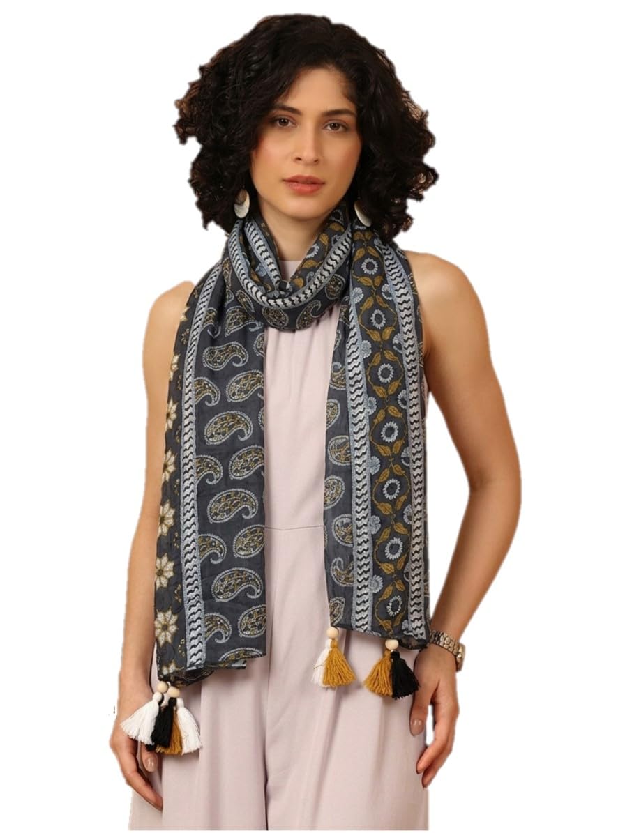 tweedle Pure Cotton Summer Scarf for Women,soft, Printed, Breathable Stole for Sun and Wind Protection - Black/Mustard
