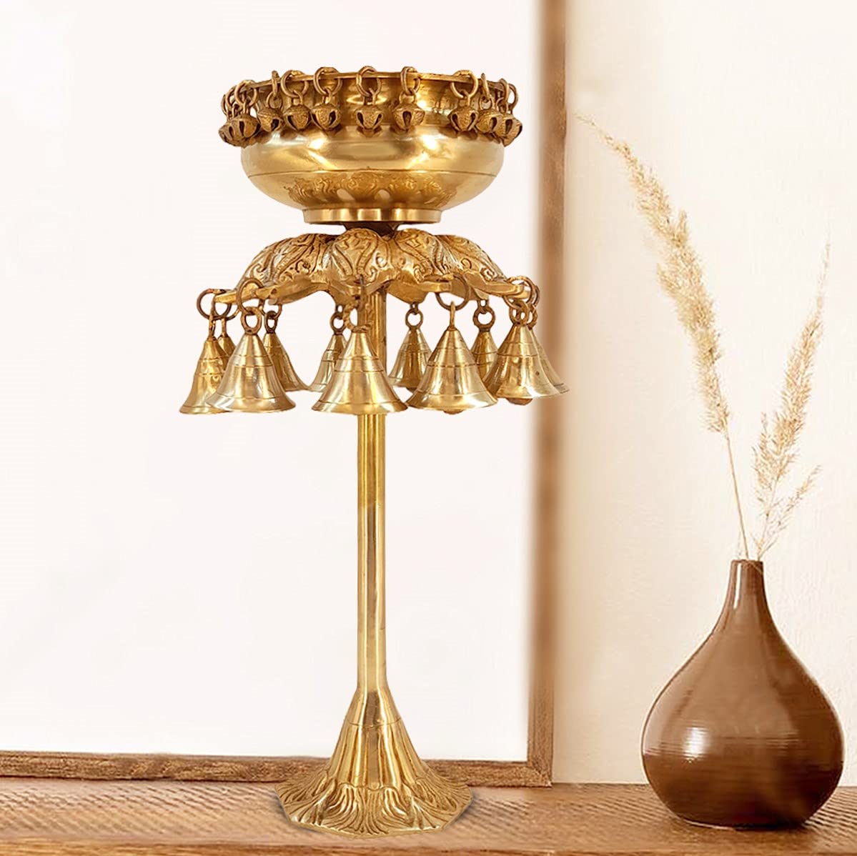 Artvarko Brass Designer Ethnic Carved Decorative Urli Big Beautiful Handcrafted Bowl for Floating Flowers and Tea Light Candles Height: 16 inch
