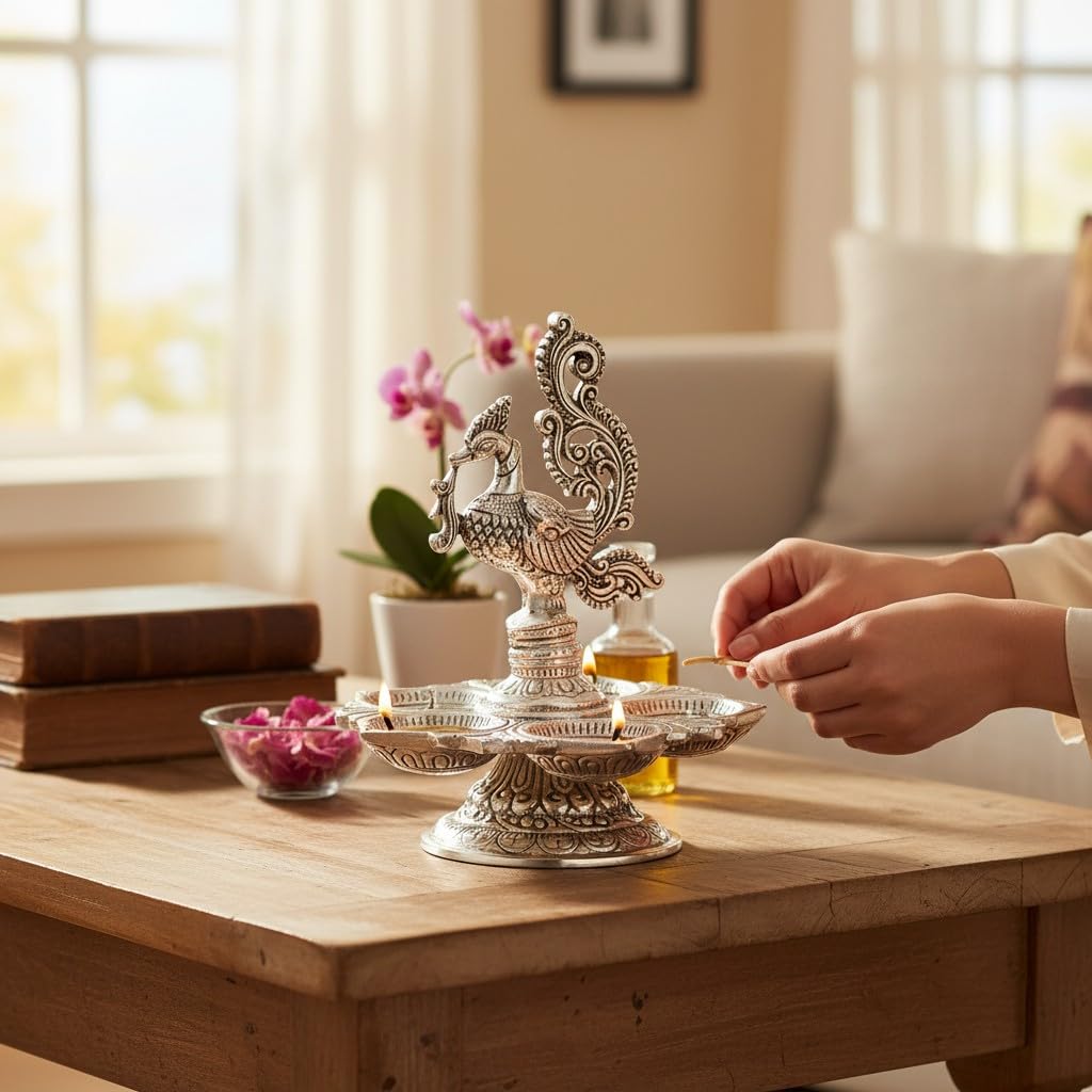 Traditional Silver-Plated Peacock Pooja Thali, 5-Compartment Diya Stand with Ornate Design