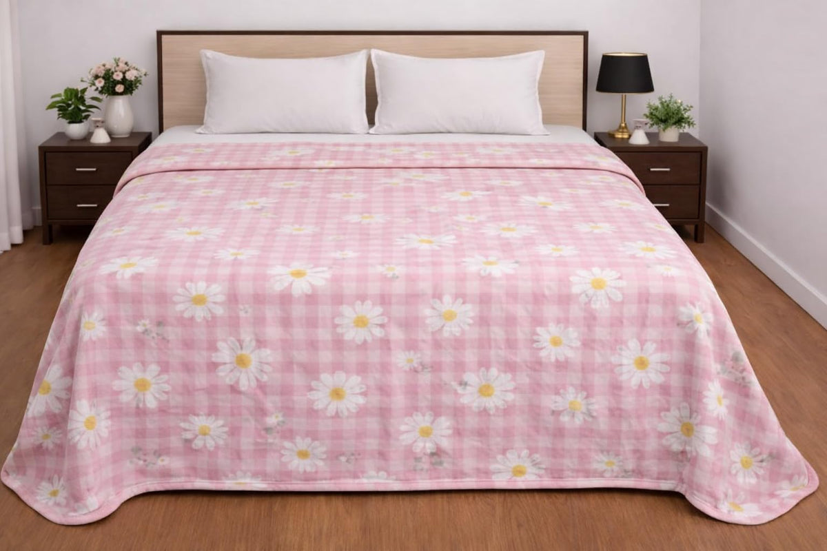 Bhoomi Impex Premium 100% Cotton Dohar for Double Bed (84 x 90 Inches) | 2 Layer Lightweight AC Blanket | 150 GSM | Summer Comforter | Ultra Soft Breathable All Season Blanket Pink Daisy Print Kafalo